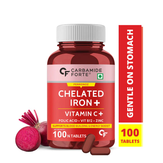 Carbamide Forte Chelated Iron Supplement For Women and Men with Vitamin C, B12, Folic Acid & Zinc - 100 Veg Tablets